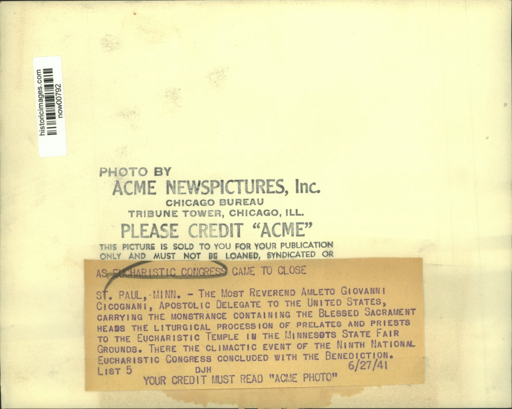 1941 Press Photo Rev. Cicognani heads the procession of 9th Eucharistic Congress