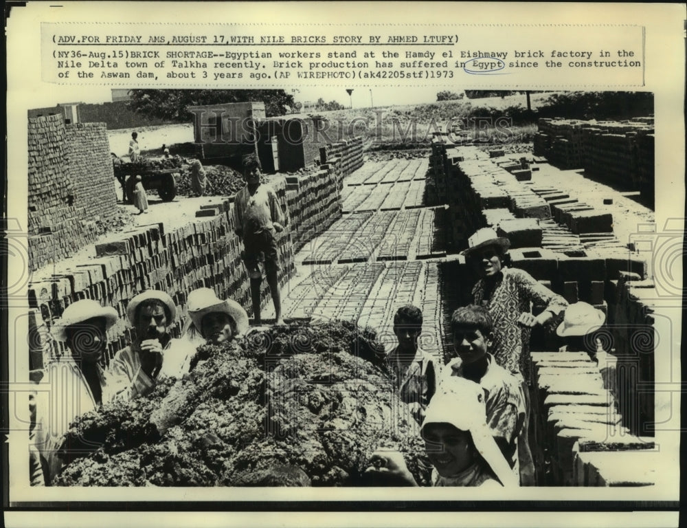 1973 Press Photo Egyptian workers at Hamdy el Eishmawy brick factory in Talkha