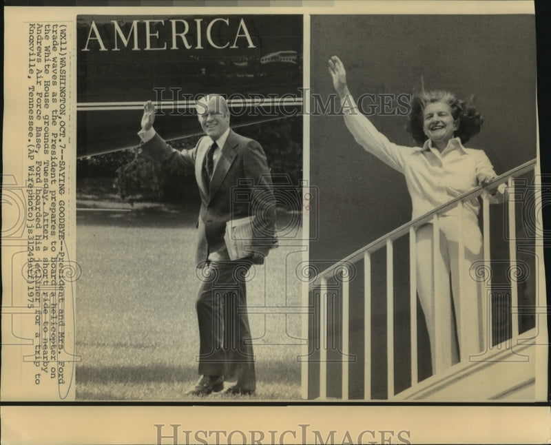Load image into Gallery viewer, 1975 Press Photo President &amp; Mrs. Ford trade waves as he leaves the White House.

