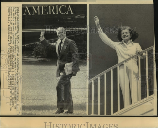 1975 Press Photo President & Mrs. Ford trade waves as he leaves the White House.