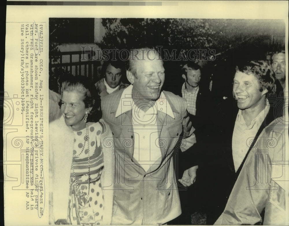 1975 Press Photo President &amp; Mrs. Ford with Pepi Gramsshammer at party in Vail
