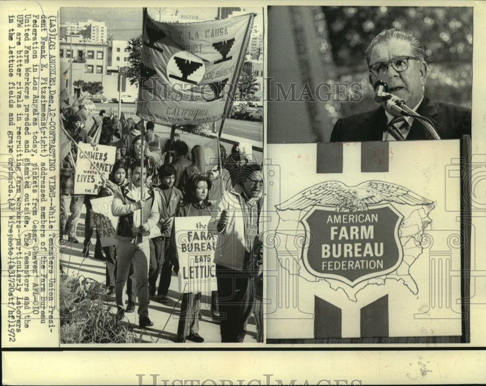 1972 Press Photo Picketers outside Farm Bureau, where Fitzsimmons talks