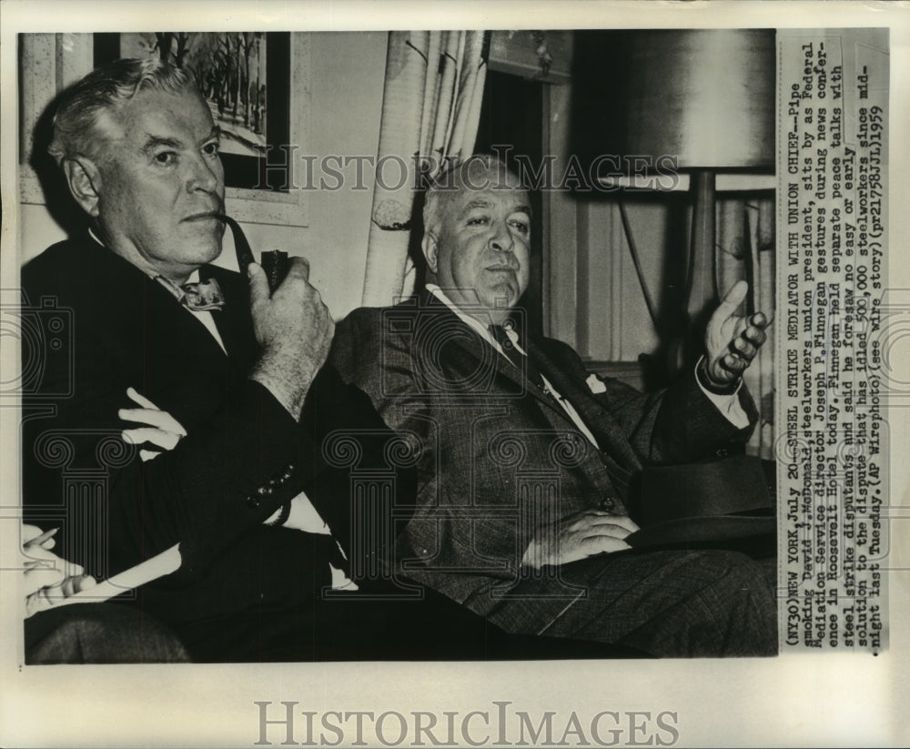 1959 Press Photo Steel strike mediator, Finnegan, and union leader McDonald talk