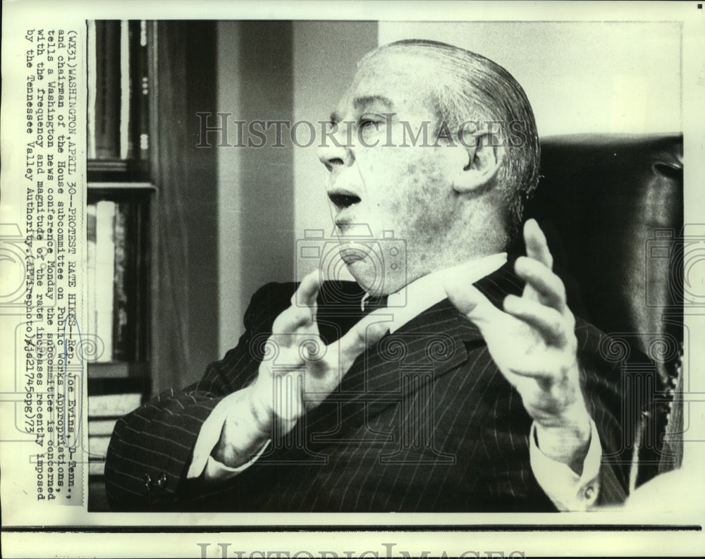 1973 Press Photo Representative Joe Evins objects TN Valley Authority rate hike