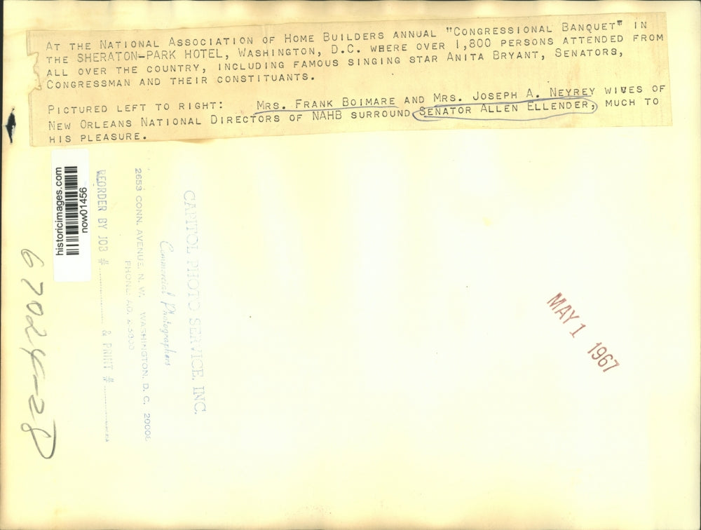 1967 Press Photo Sen. Allen Ellender & others attend "Congressional Banquet"