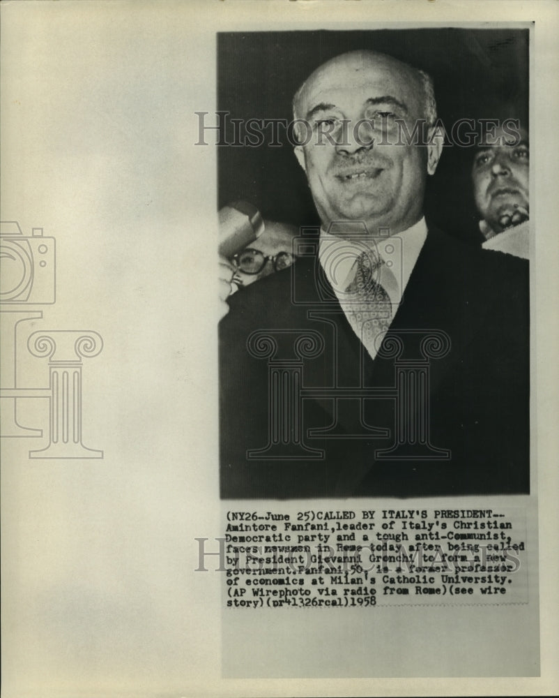 1958 Press Photo Amintore Fanfani, leader of Italy's Christian Democratic party