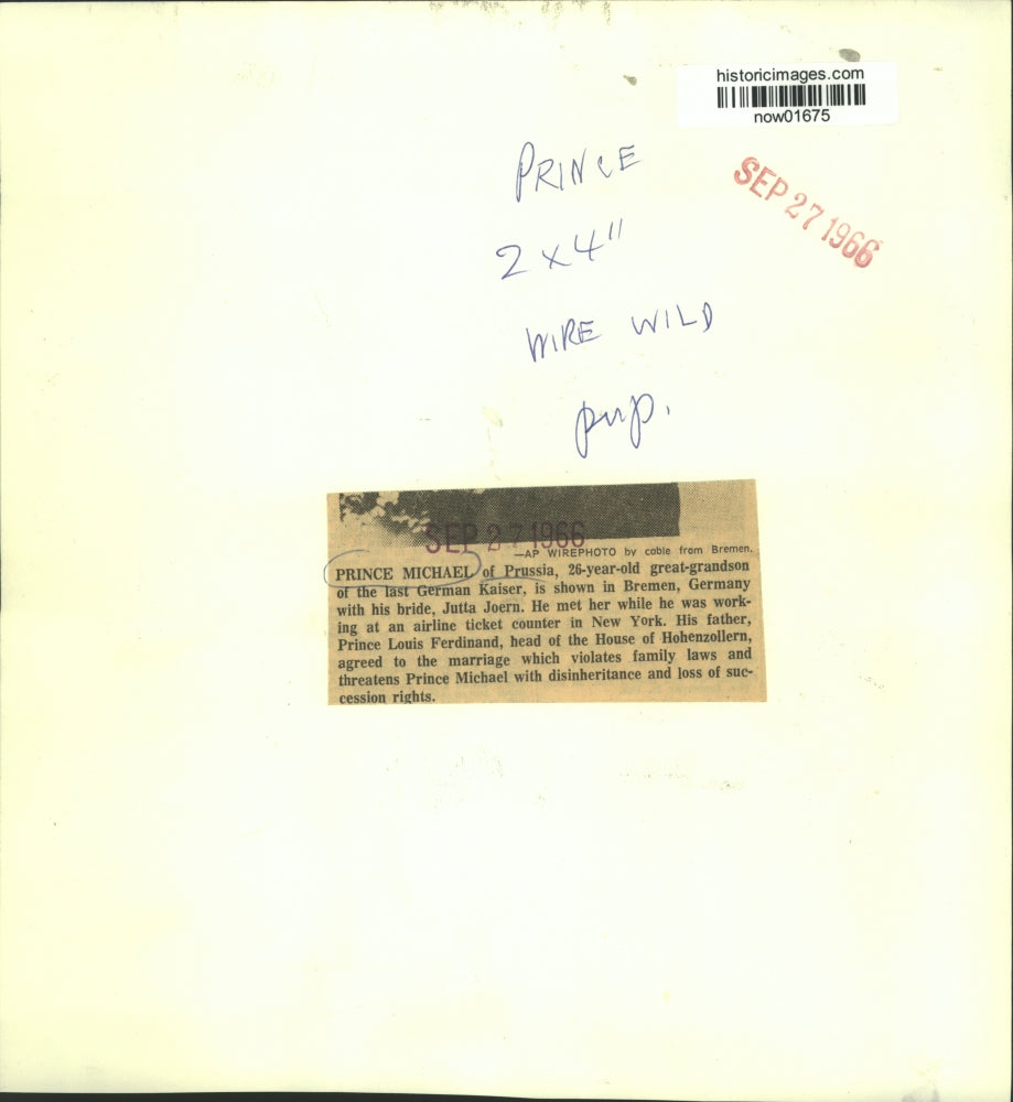 1966 Press Photo Prince Michael of Prussia with bride Jutta Joern - now01675