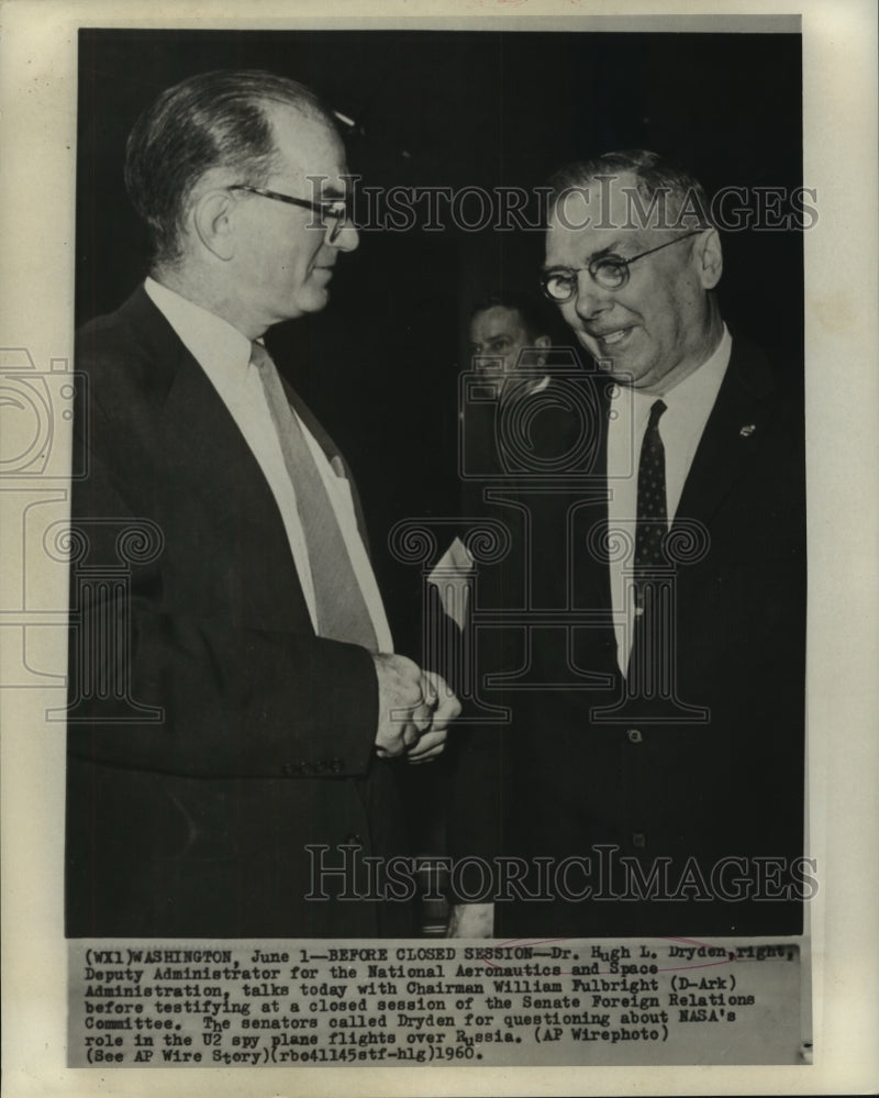 Load image into Gallery viewer, 1960 Press Photo Dr. Hugh Dryden with Sen. Fulbright at Senate Foreign Relations
