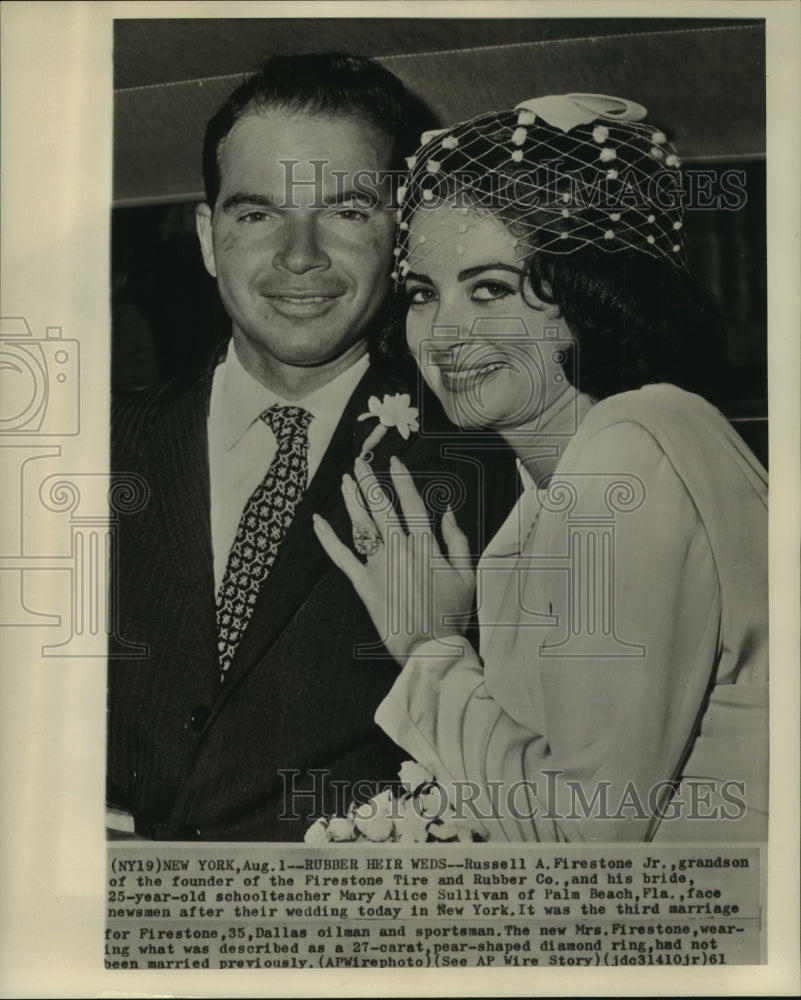 1961 Press Photo Russell A. Firestone &amp; bride Mary Alice Sullivan in New York