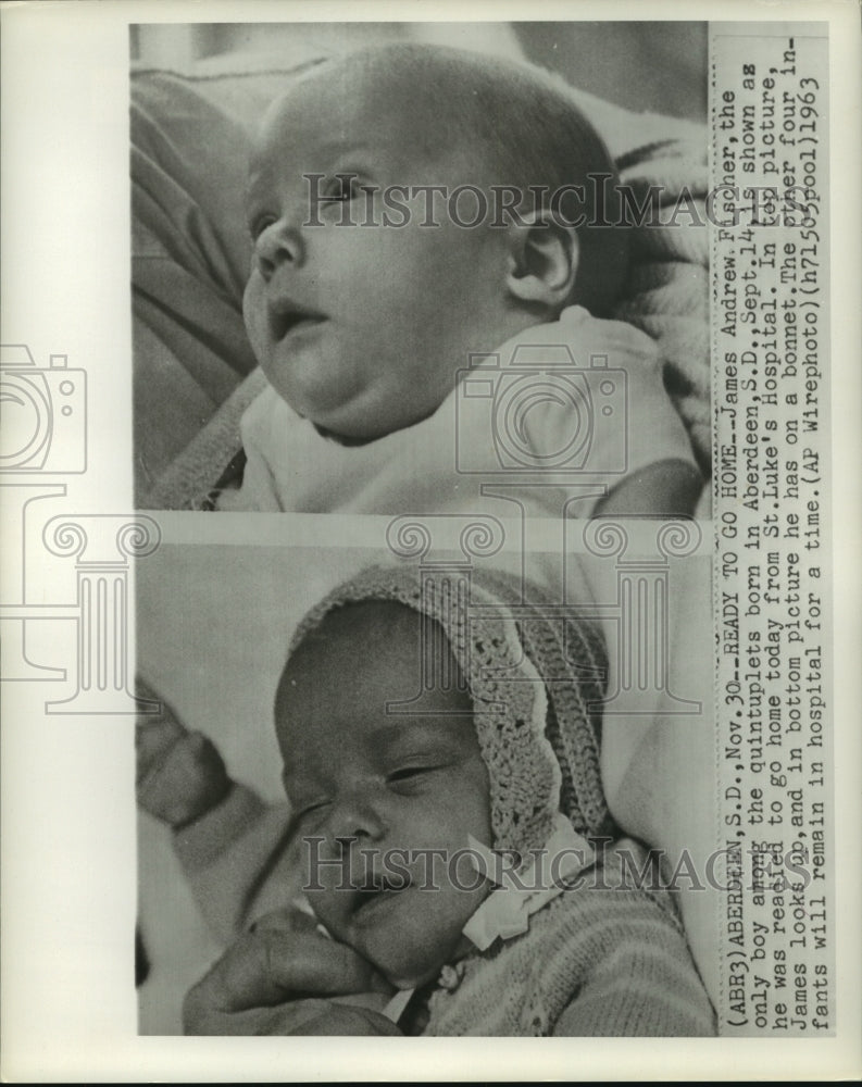 1963 Press Photo James Andrew Fischer, only boy of quints, readied to go home