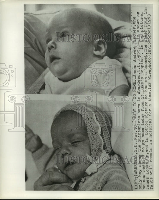 1963 Press Photo James Andrew Fischer, only boy of quints, readied to go home