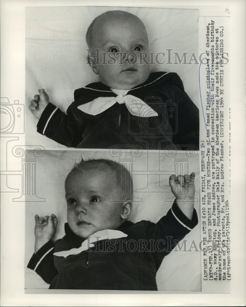 1964 Press Photo Mary Ann, top, and James Andrew Fischer on five months birthday