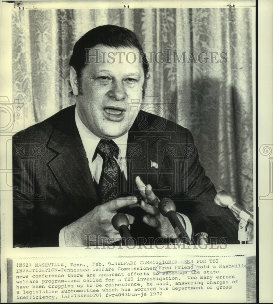 1972 Press Photo TN Welfare Commissioner Fred Friend at news conference