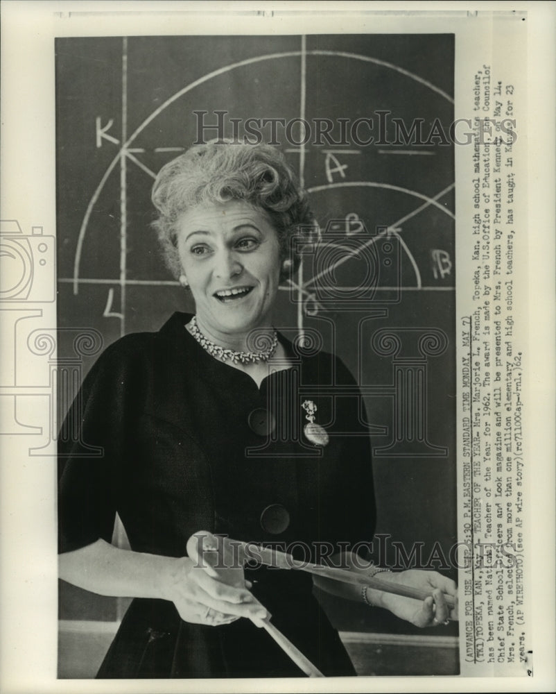 1962 Press Photo Mrs. Marjorie L. French named Teacher of the Year 1962.