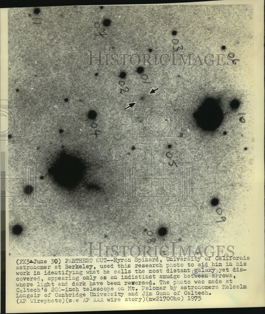 1975 Press Photo Hyron Spinard, most distant galaxy discovered by Caltech