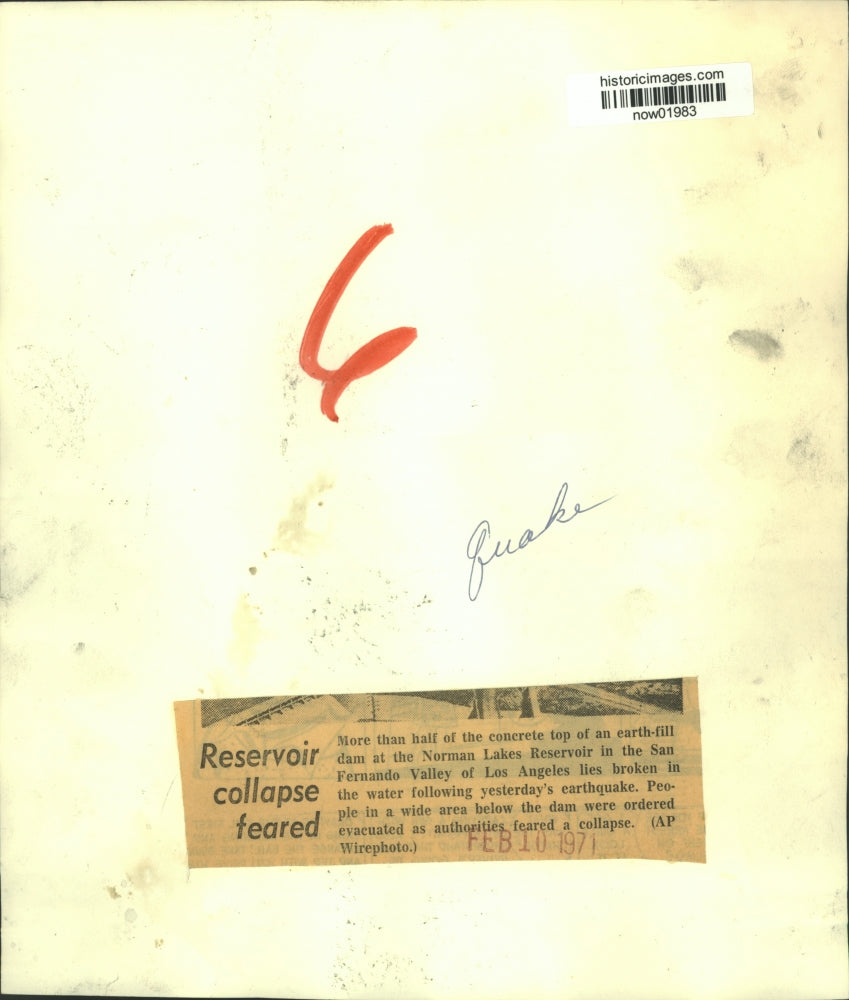 1971 Press Photo Norman Lakes Reservoir collapse feared due to earthquake