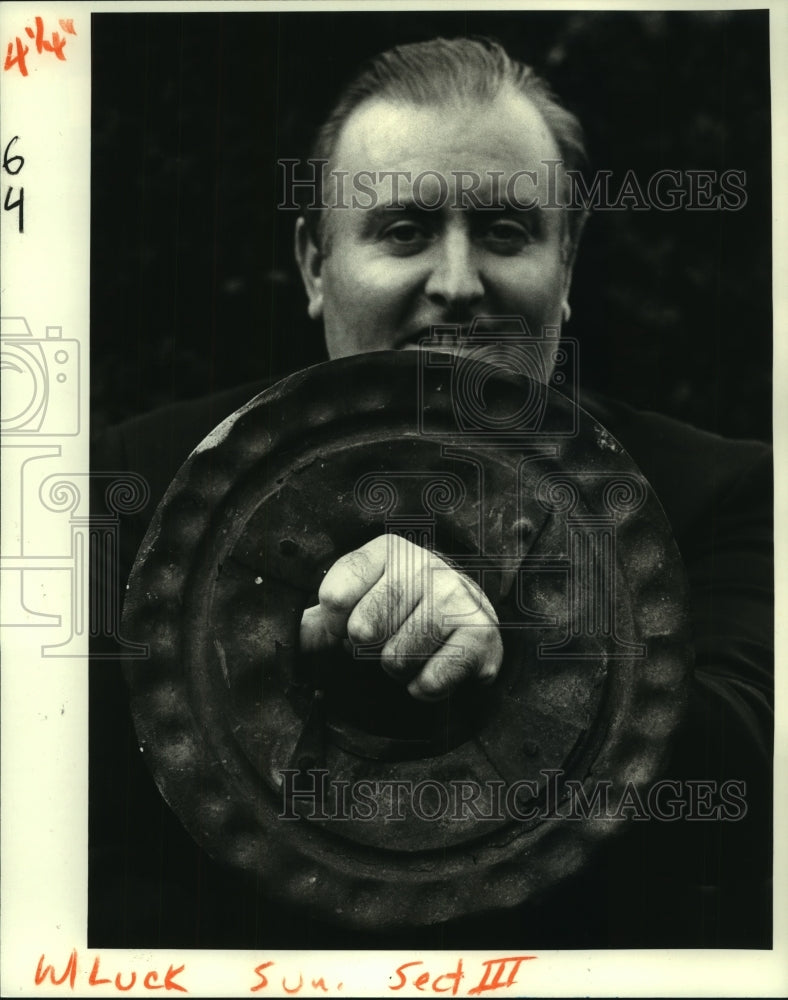 1981 Press Photo Father John Finn with his ancient &amp; valuable find at Lough Gara