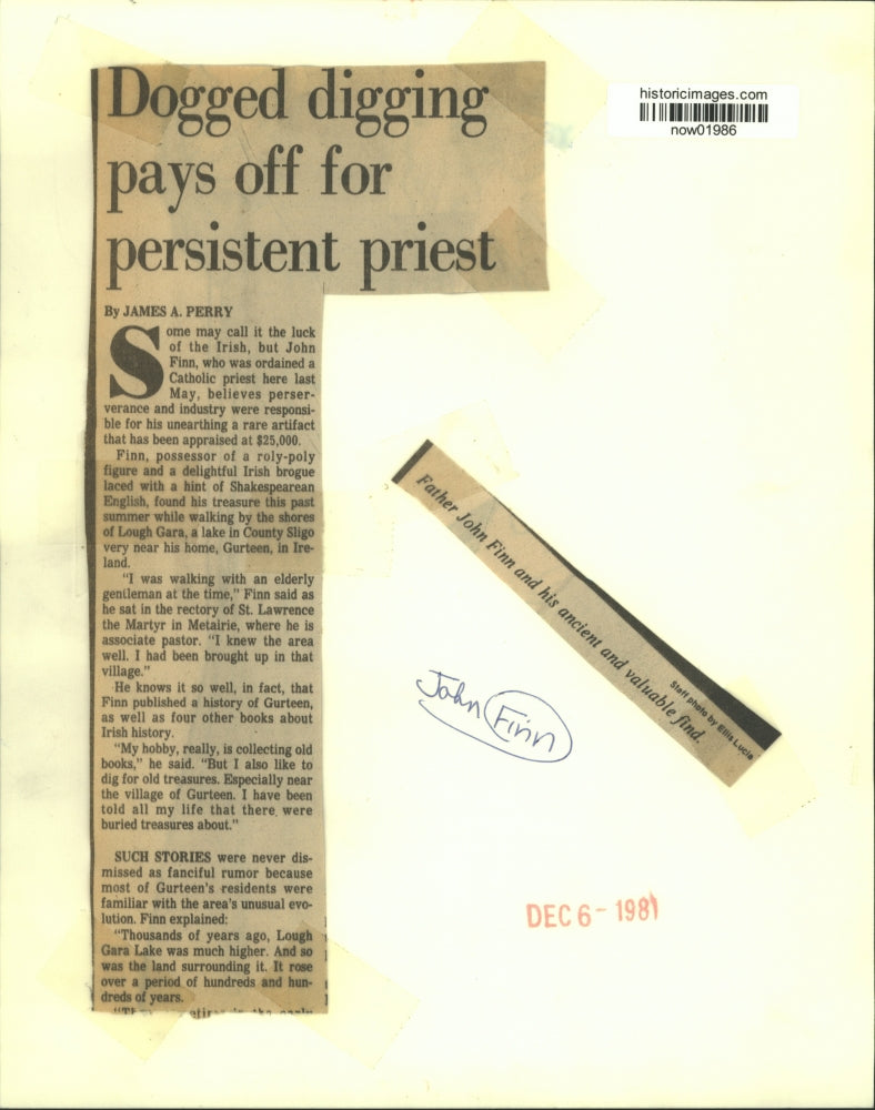 1981 Press Photo Father John Finn with his ancient &amp; valuable find at Lough Gara