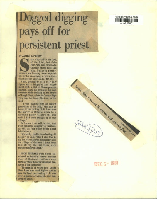 1981 Press Photo Father John Finn with his ancient & valuable find at Lough Gara