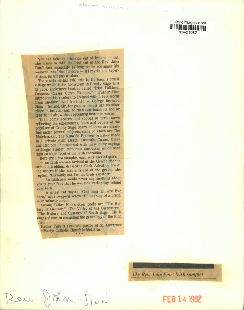 1982 Press Photo The Reverend John Finn: author of 32 page, slick-paper booklet