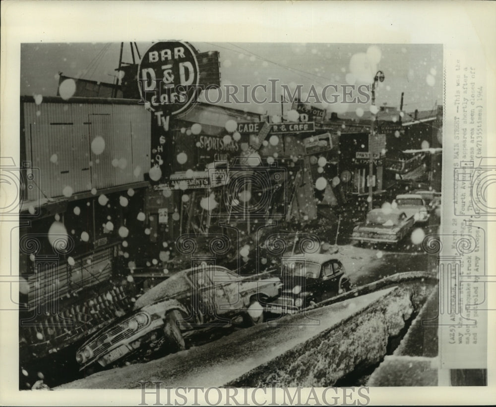 1964 Press Photo Scene of earthquake damage on Fourth Street, Anchorage, AK