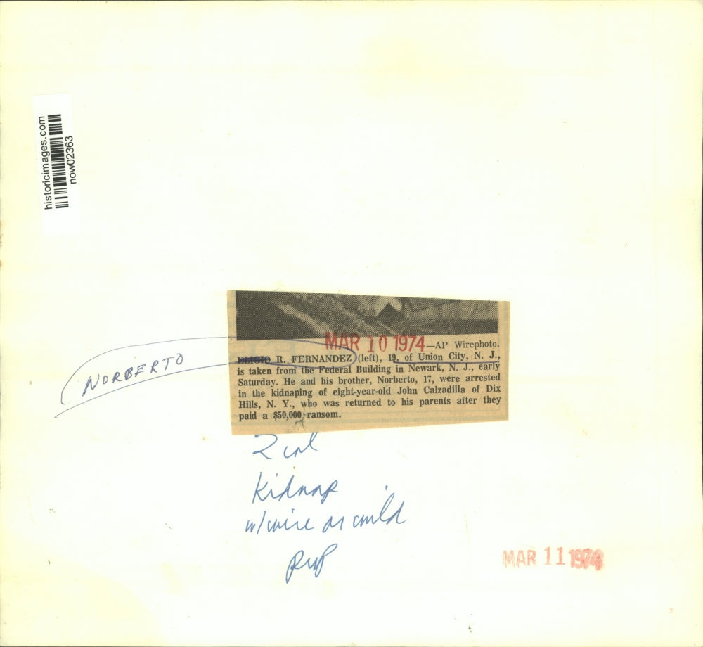 1974 Press Photo Norberto Fernandez, age 17, arrested for a NY kidnapping.