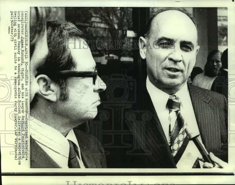 Load image into Gallery viewer, 1973 Press Photo James McCord &amp; Bernard Fensterwald meet with newsmen
