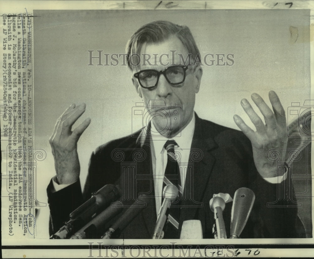 1968 Press Photo John K. Galbraith, chairman of Americans for Democratics