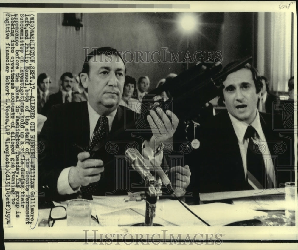 1974 Press Photo William Gallimaro &amp; Manuel with rifle at Senate Investigation