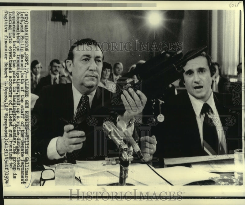 Load image into Gallery viewer, 1974 Press Photo William Gallimaro &amp; Manuel with rifle at Senate Investigation
