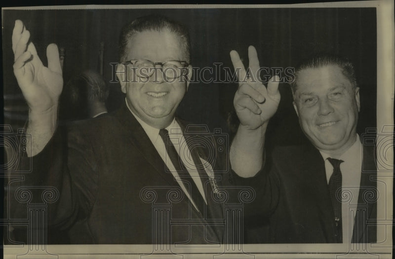 Load image into Gallery viewer, 1966 Press Photo Teamsters Union Frank Fitzsimmons &amp; James Hoffa wave
