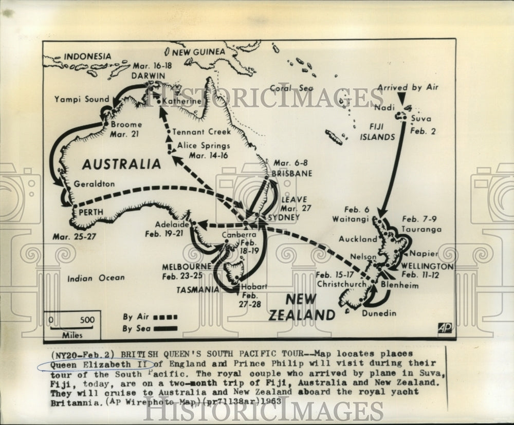 1963 Press Photo Map of British Queen&#39;s South Pacific tour. - now02654