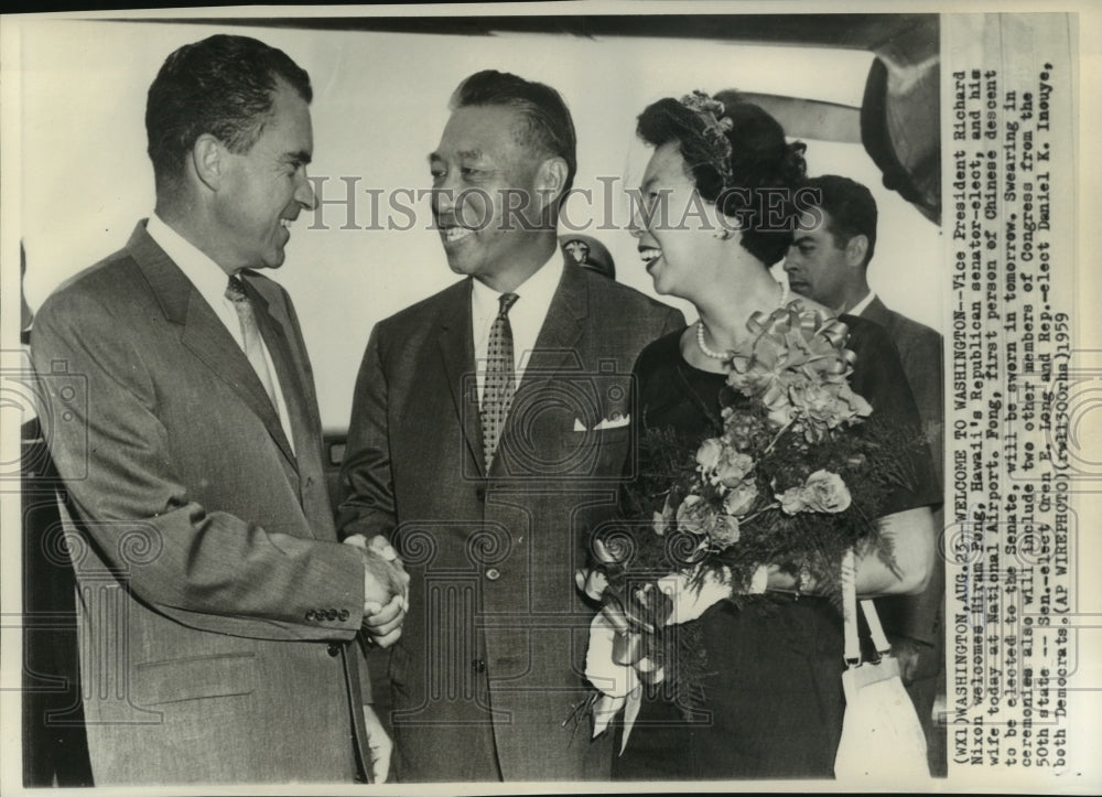 1959 Press Photo President Nixon welcomes Senator-elect &amp; Mrs. Hiram Fong