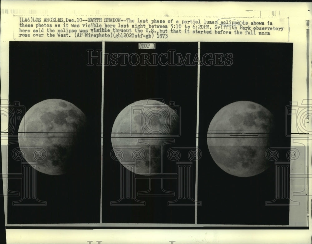 1973 Press Photo Partial lunar eclipse shown in Los Angeles, California