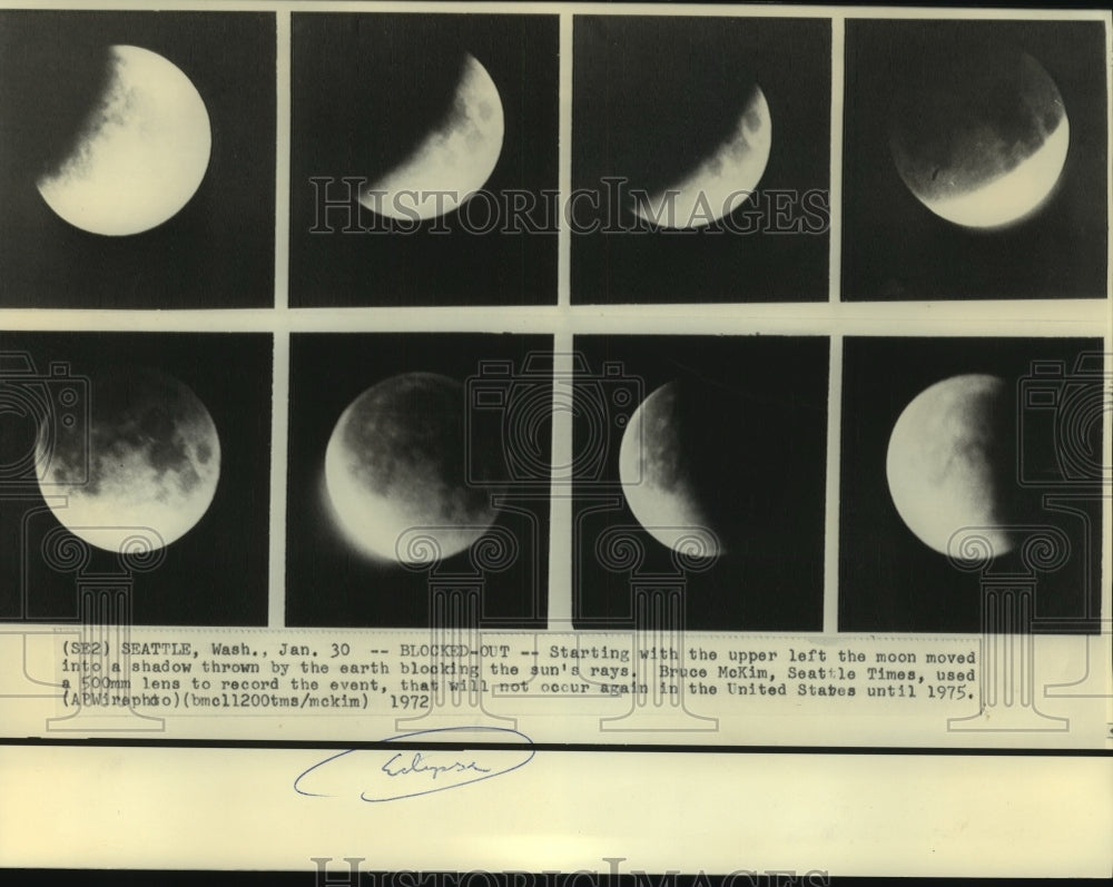 1972 Press Photo Sequence of solar eclipse photos made in Seattle, Washington