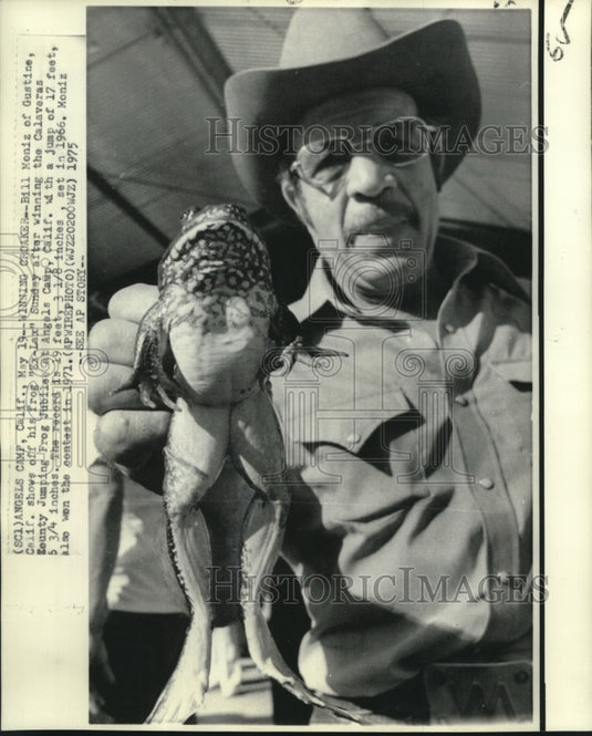 1975 Press Photo Bill Moniz with his frog "Ex-Lax", jumping frog contest winner