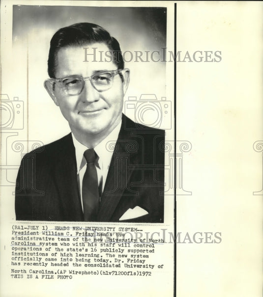 1972 Press Photo President William C. Friday heads new university system of NC
