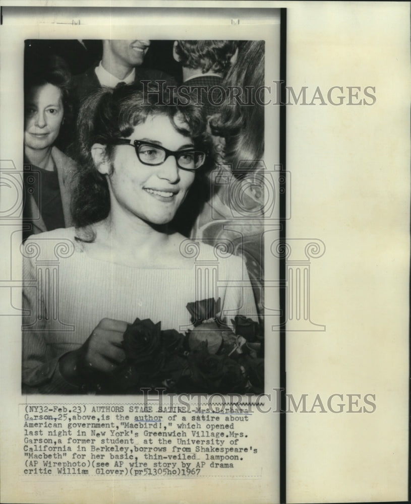 1967 Press Photo Barbara Garson, author of satire &quot;Macbird!&quot; opened in NY