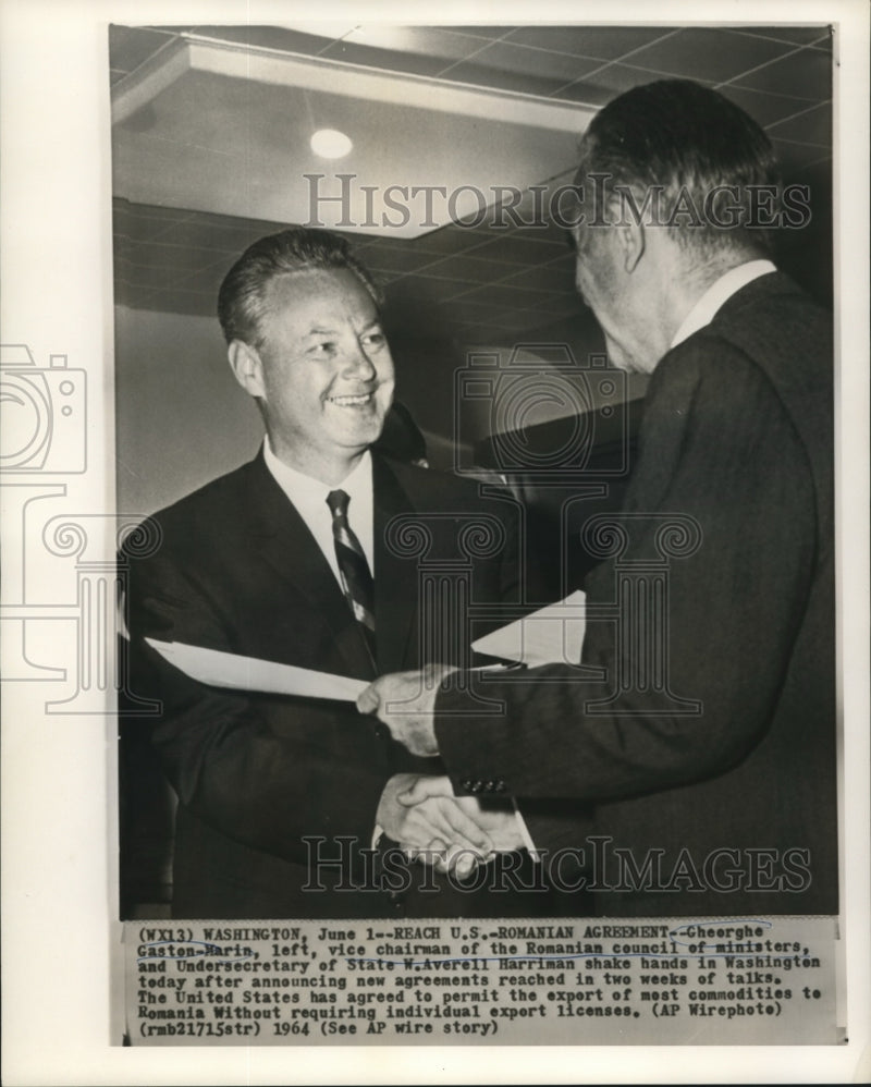 Load image into Gallery viewer, 1964 Press Photo Romania's Gasten-Marin &amp; U.S. Harriman shake hands - now03029
