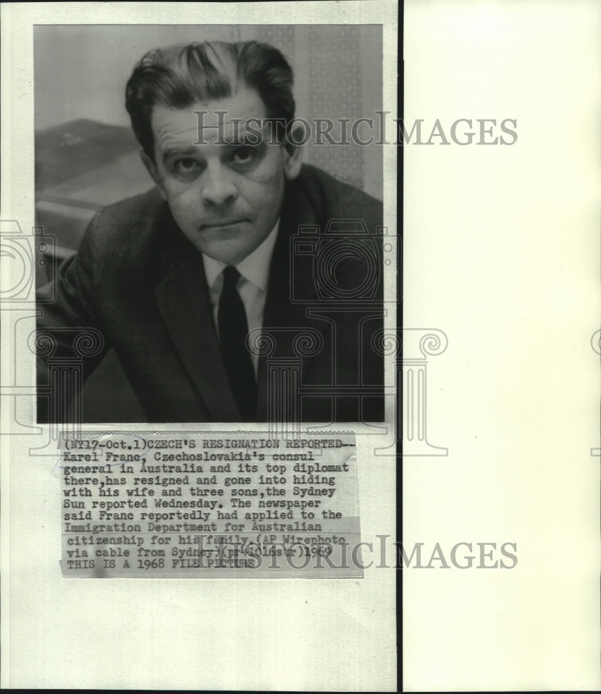 1968 Press Photo Karel Franc, Czechoslovakia&#39;s consul general, resigned &amp; hiding