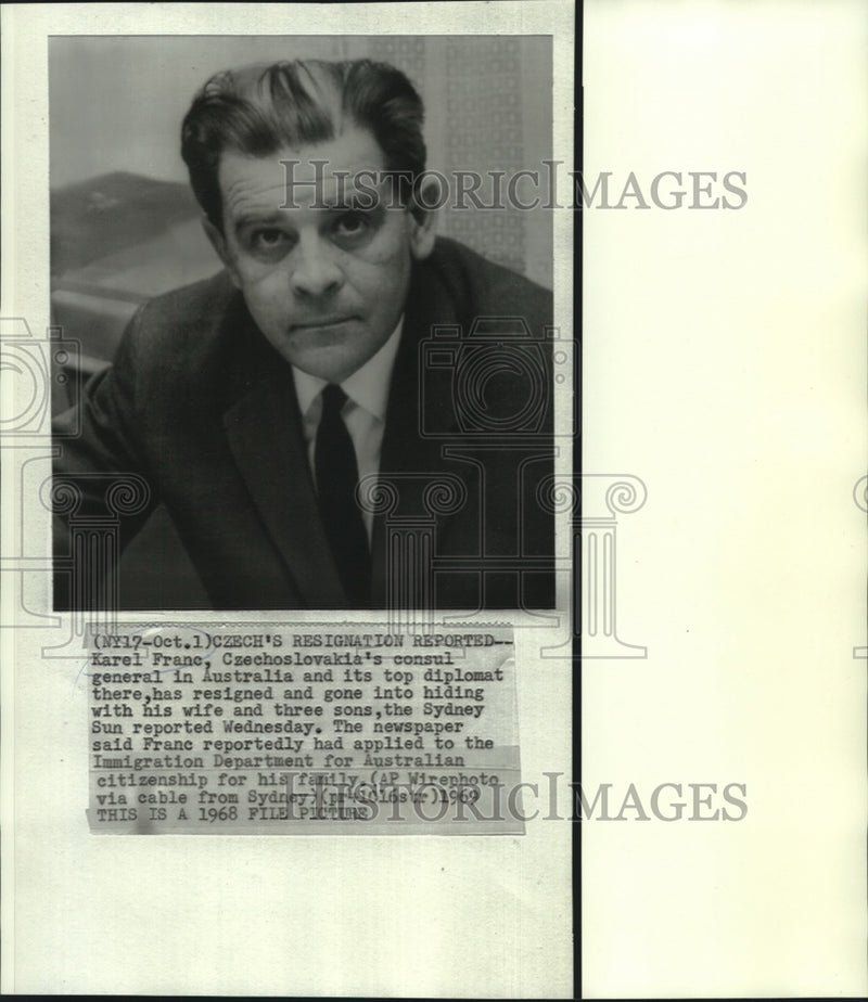 Load image into Gallery viewer, 1968 Press Photo Karel Franc, Czechoslovakia's consul general, resigned &amp; hiding
