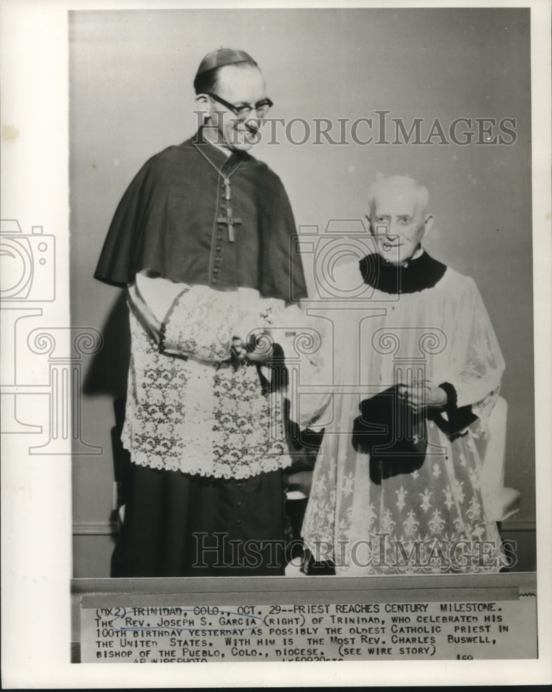 Load image into Gallery viewer, 1959 Press Photo Rev. Joseph Garcia, celebrates 100th birthday &amp; Bishop Buswell
