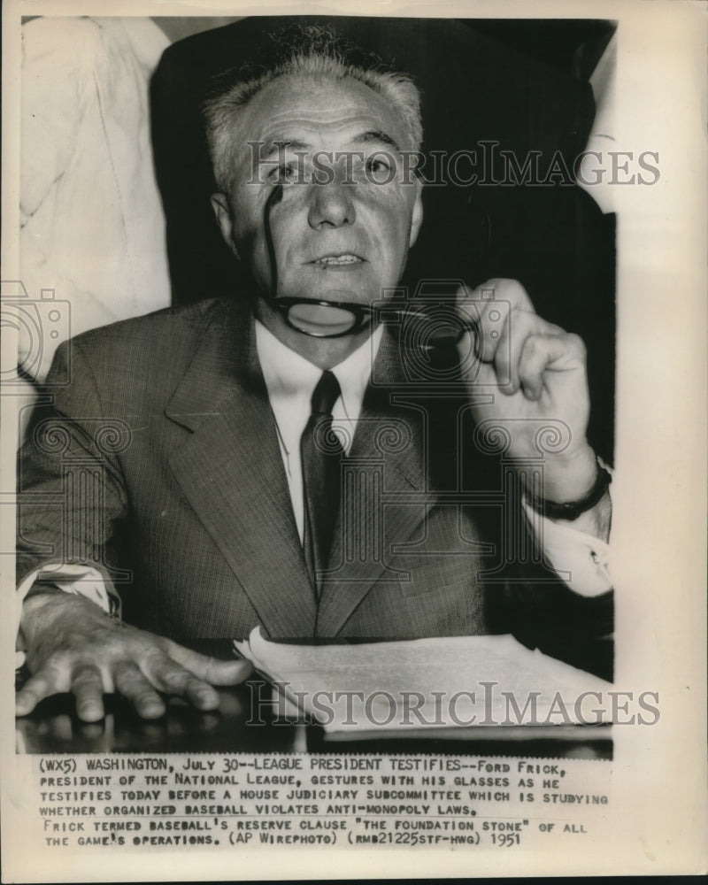 1951 Press Photo Ford Frick gestures as he testifies at House Judiciary hearing