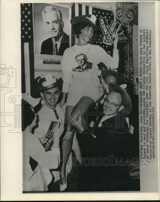 1963 Press Photo Anne Pidcoo given boost as Young Republicans support Goldwater