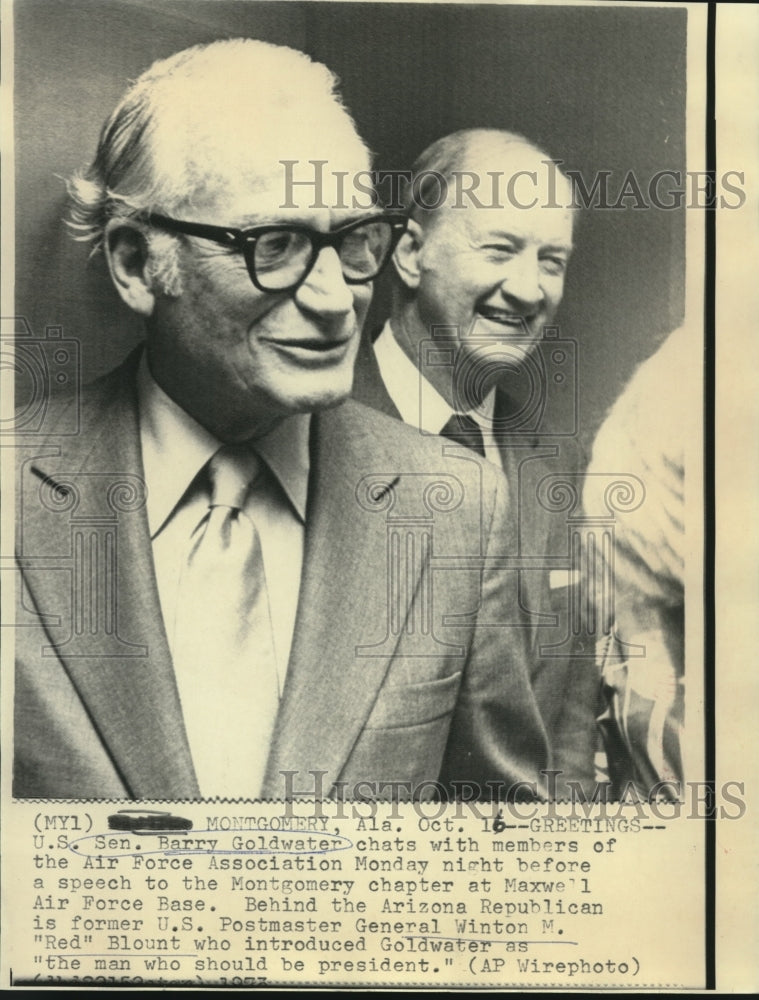 Load image into Gallery viewer, 1973 Press Photo Senator Goldwater with Winton Blount at Maxwell Air Force Base
