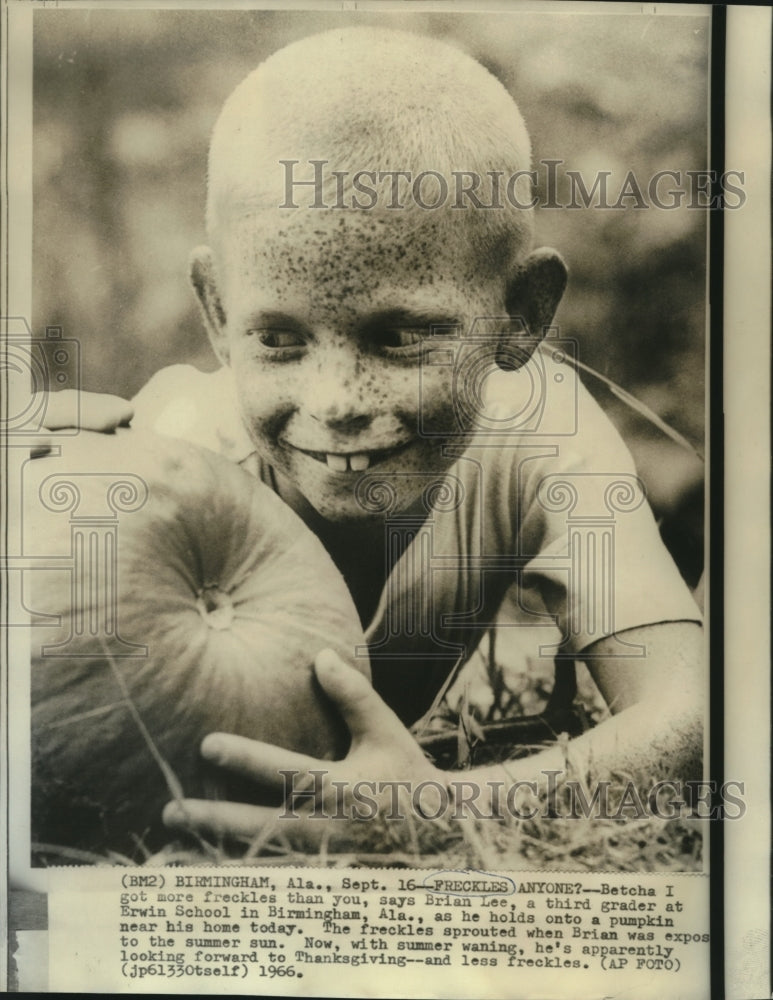 Load image into Gallery viewer, 1966 Press Photo Brian Lee who sprouted freckles from the sun gazes at pumpkin
