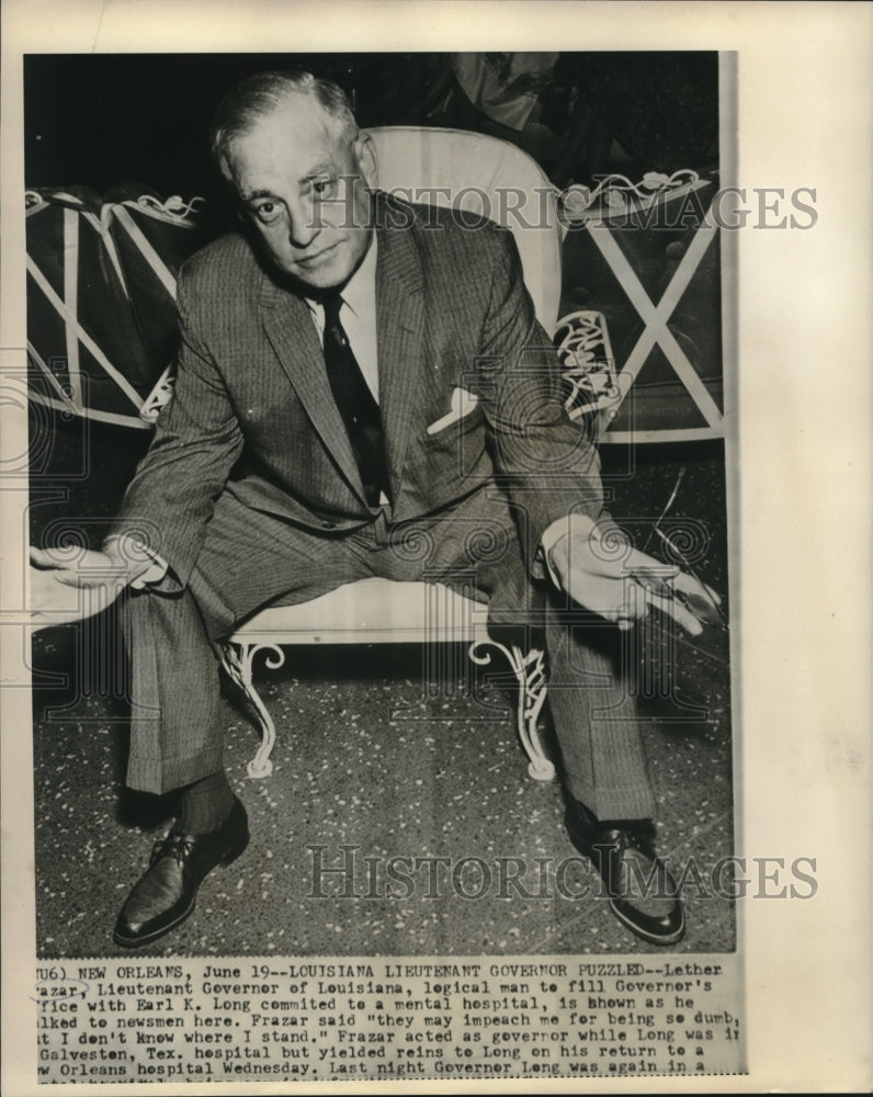 1959 Press Photo Lether Frazar, Lt. Governor of Louisiana appears puzzled
