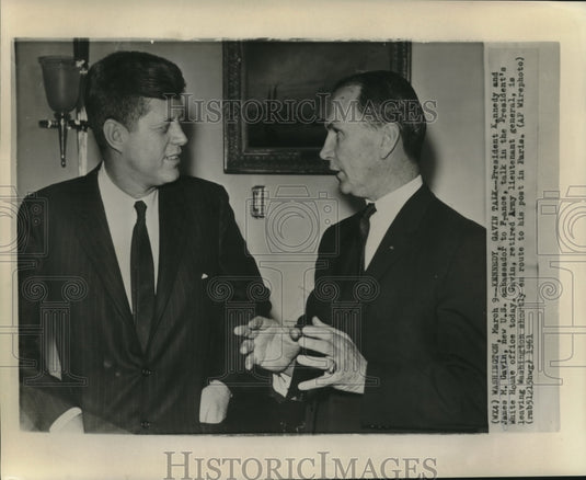 1961 Press Photo President Kennedy & James Gavin talk at White House - now03588