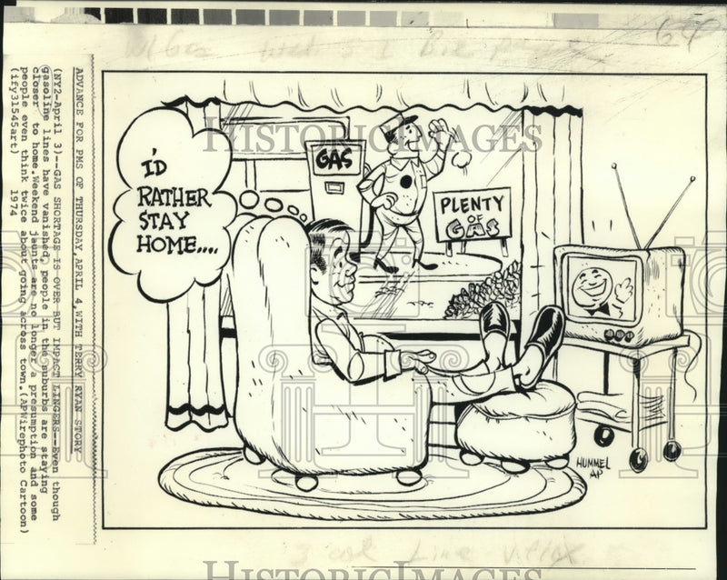 Load image into Gallery viewer, 1974 Press Photo Cartoon of suburbia staying home instead of traveling
