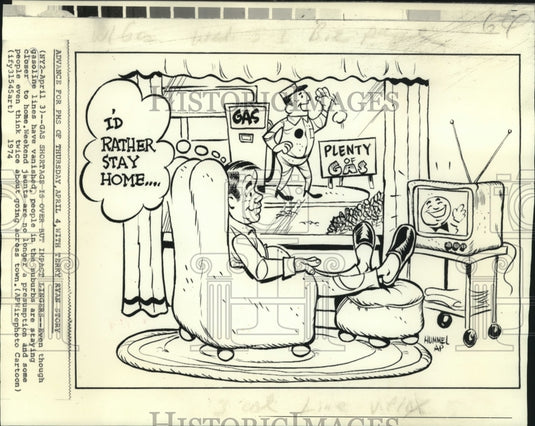 1974 Press Photo Cartoon of suburbia staying home instead of traveling